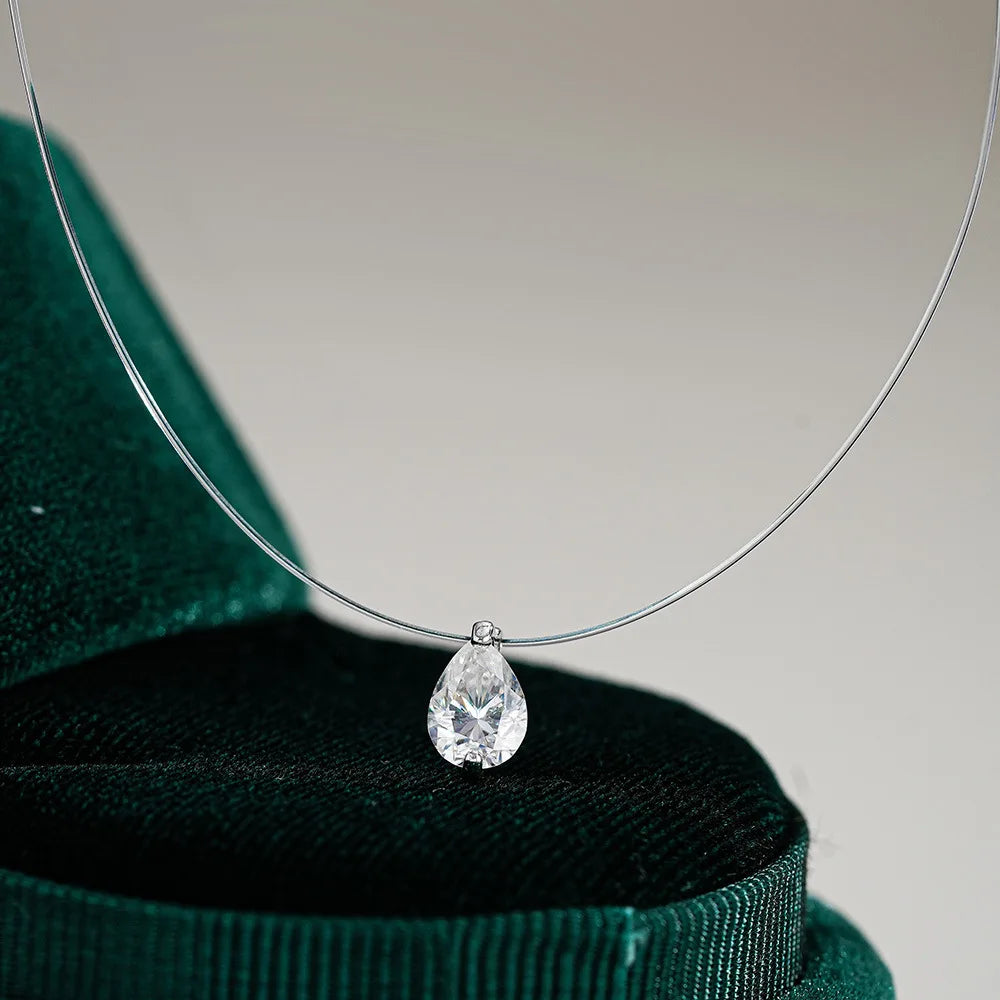 Fishing Line Waterdrop Moissanite Pendant Necklace  Certified 1Carat Pear Cut Diamond Neckchain for Women 925 Silver Jewelry