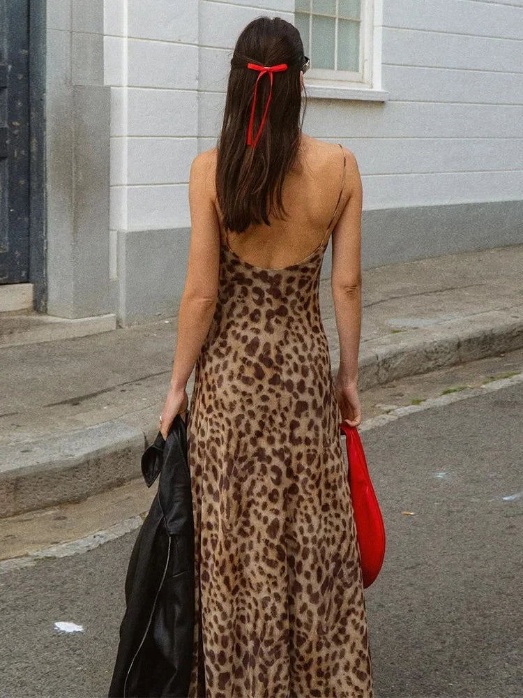 Leopard Print Dress Woman Summer Sexy Swing Collar Spaghetti Straps Backless Ruffles Party Clubwear Skinny Vestidos