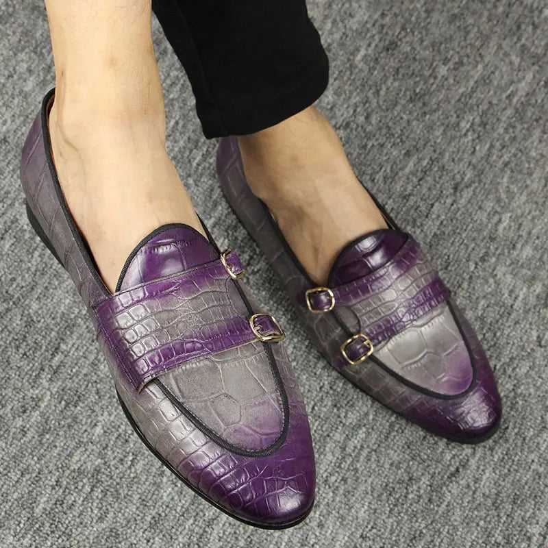 Men Loafers Double Monk Strap Slip on Fashion Casual Penny Footwear Business Wedding Evening Genuine Leather Crocodile Printing