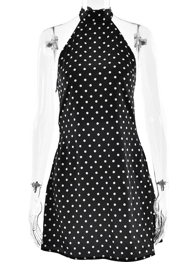 Woman Clothes Halter Sleeveless Polka Dot Satin Short Dress 2026 Summer Sexy Bandage Backless Mini Evening Party Dresses