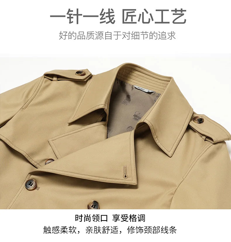 2024 Autumn New Men's Medium to Long Fashion Windbreaker Coat High Quality Double breasted British style Coat Series Belt Coat