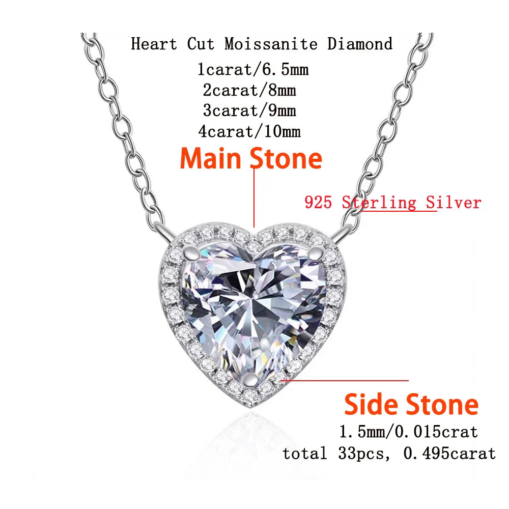 1-4CT Full Moissanite Pendant Necklace With  Certificates Heart Cut Halo Diamond Necklaces For Women 925 Silver Fine Jewelry