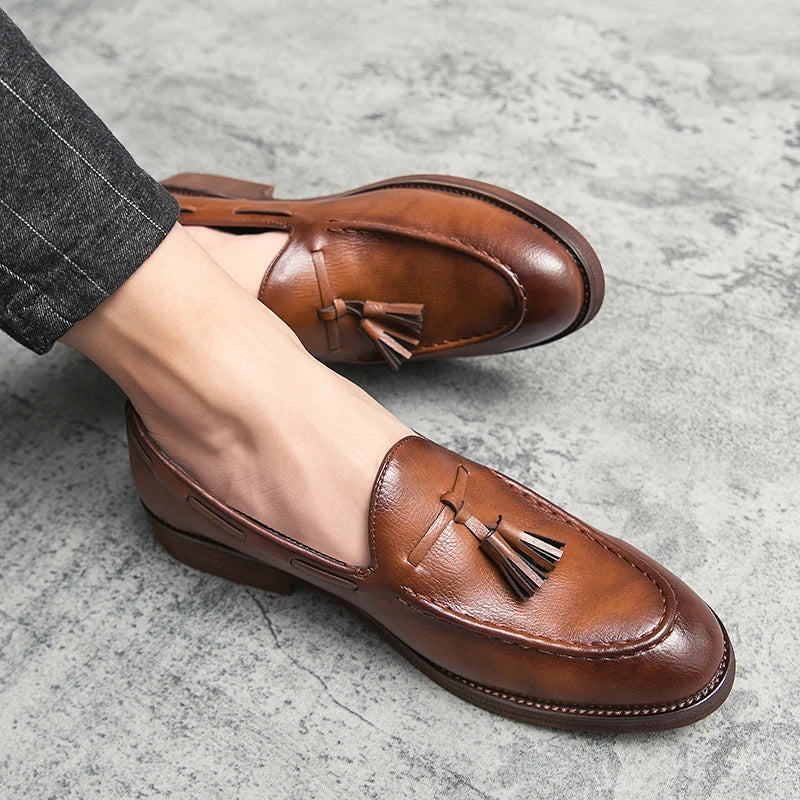 Men Small Fringe Loafers PU Low Heel Business Casual Formal Men Shoes