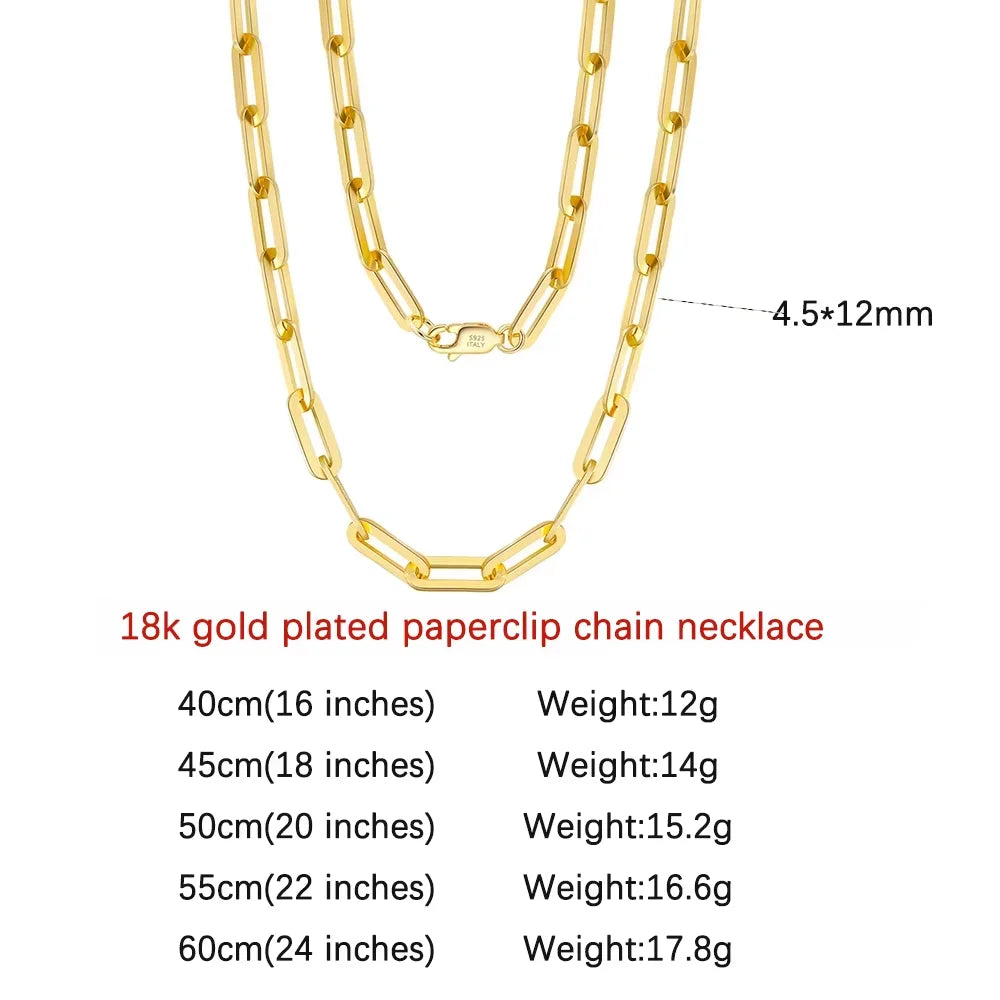 14K Gold Plated Genuine 925 Sterling Silver Paperclip Neck Chain 6/9.3/12mm Link Necklace for Women Men Jewelry SC39