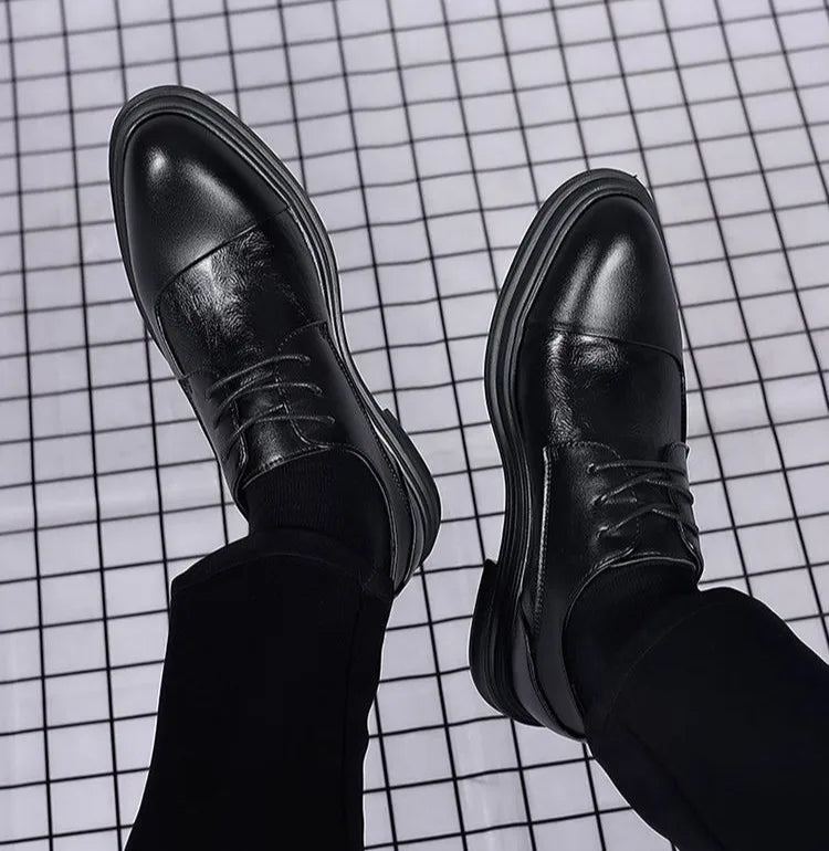 Men's Genuine Leather Oxfords Pointed Toe Lace Up Dress Shoes British Style Business Wedding Casual Footwear for Spring Autumn