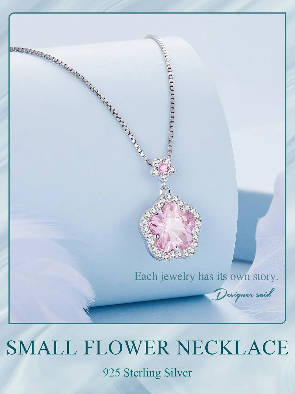 925 Sterling Silver Pink Flower Pendant Necklace Little Star Neck Chain Pave Setting CZ for Women Valentine's Day Gift
