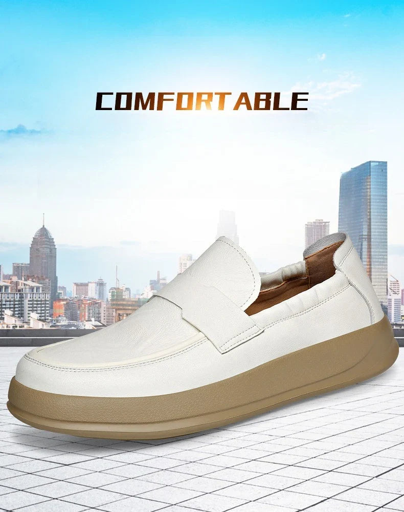 Spring Summer New Genuine Leather Shoes Men Solid Color Fashion Loafers Male Soft Sole Anti-slip Height-increasing Loafers Man
