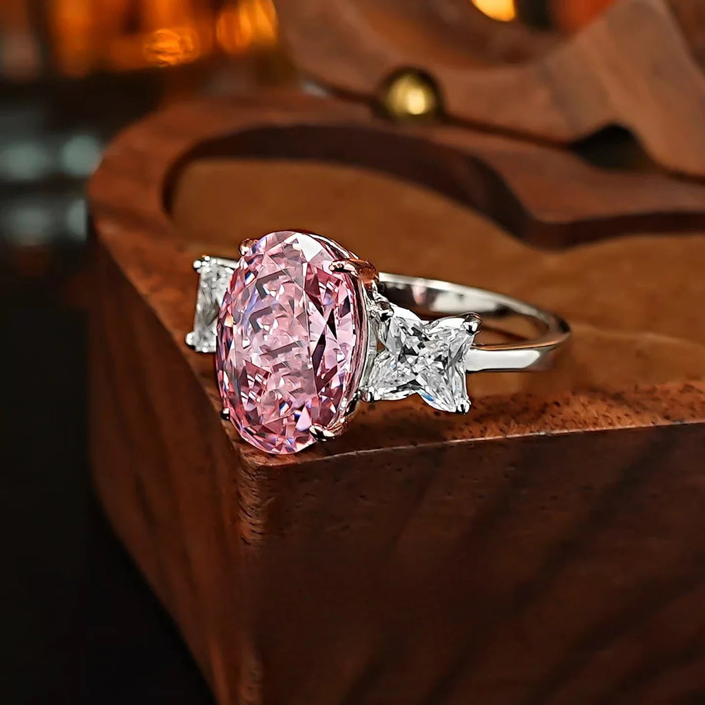 S925 Silver Ring 8 * 12mm Elliptical Zircon Powder Ice Flower Cut Ring Sweet Wind Jewelry