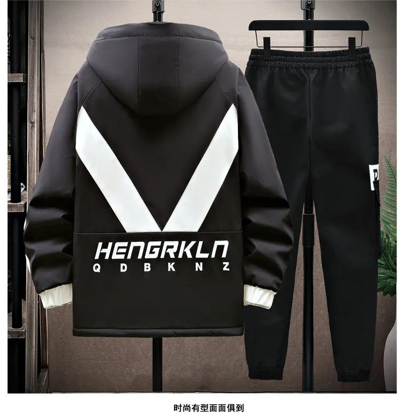 Winter Tracksuit Men Warm Sports Printed Thick Suit Mens Casual Hooded jacket+Pants Sweatsuit Male 2 Piece Sportswear