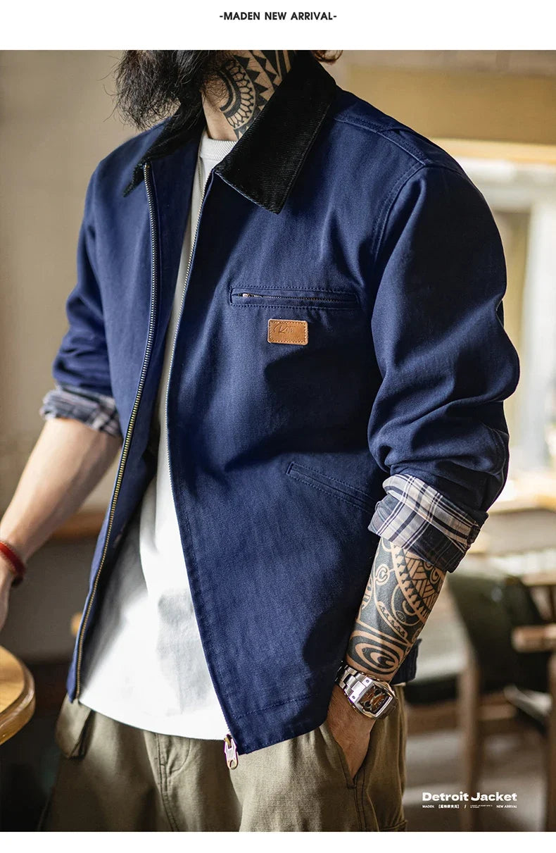 Men's Retro J001 Detroit Jacket Heavyweight Canvas Hunting Coat Lapel Collar Work Jackets with Zipper for Spring Fall