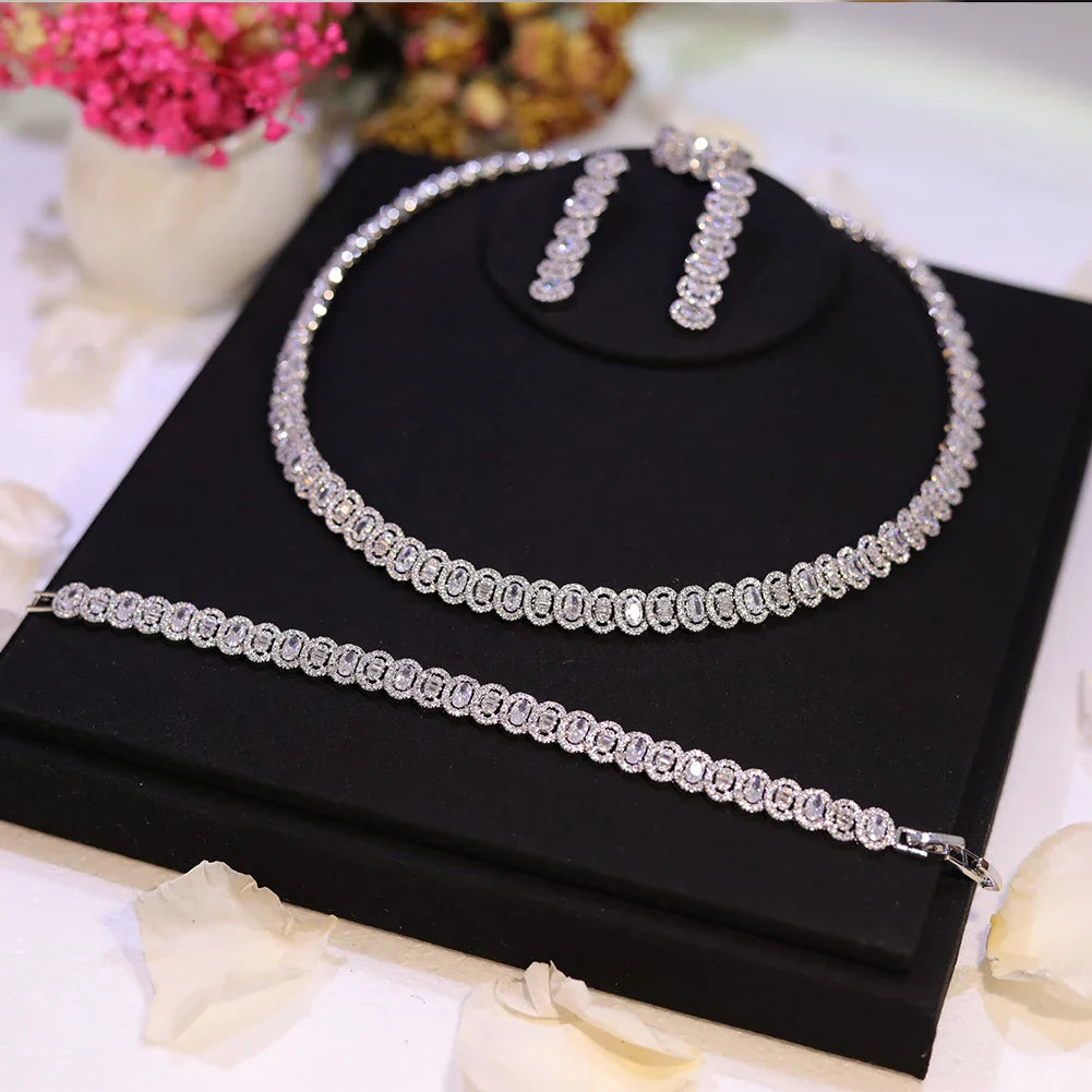 New Sparkling Cubic Zirconia Choker Necklace Earrings Bracelet Set for Women Wedding Party Jewelry