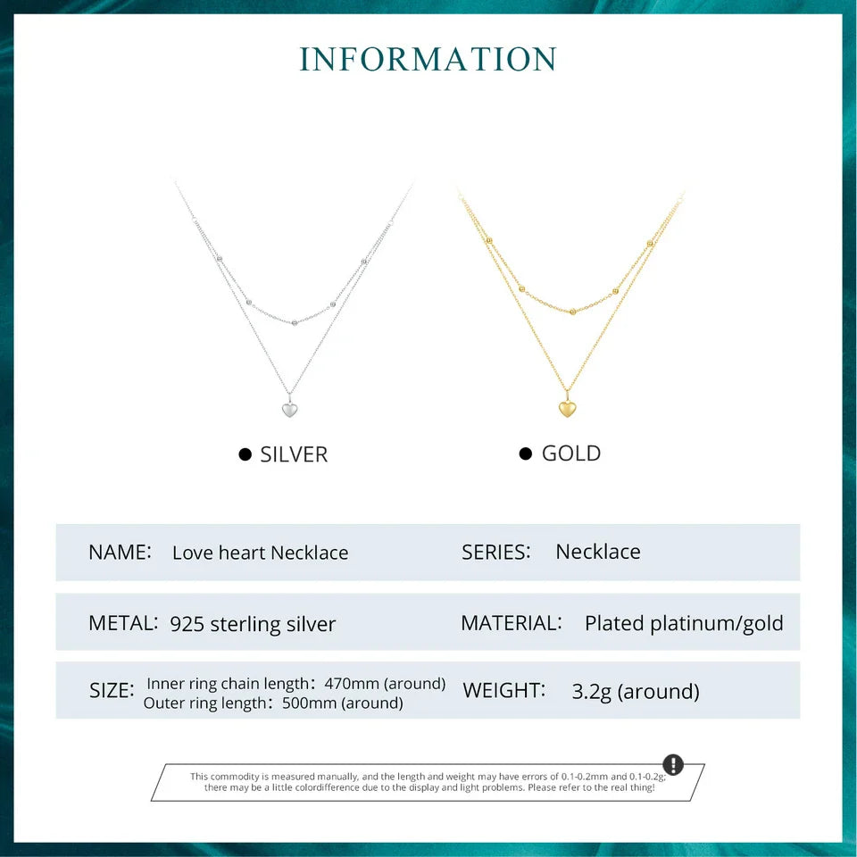 925 Sterling Silver Romantic Heart Pendant Necklace for Women Gold Double Layer Choker Female Fine Jewelry Anniversary
