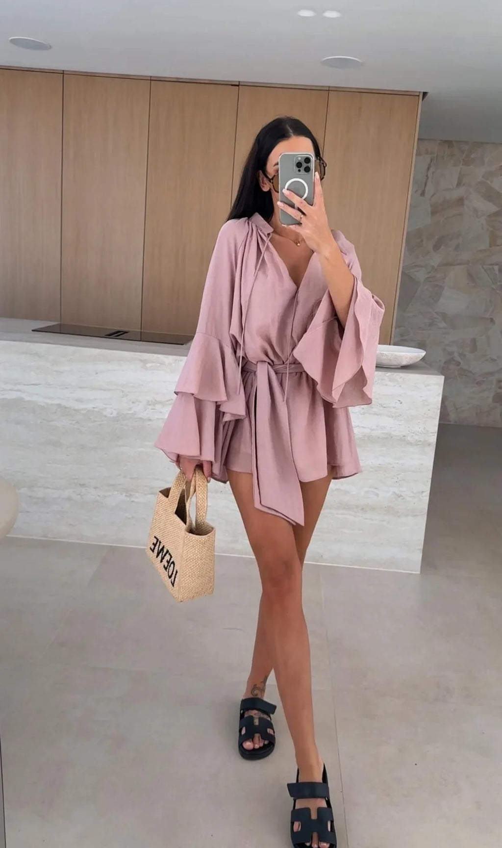 2026 Autumn Ruffle Loose Mini Dress Casual Flare Sleeve Holiday Dresses Sexy Deep V-neck Lace Up Solid Women's Dress Vestidos