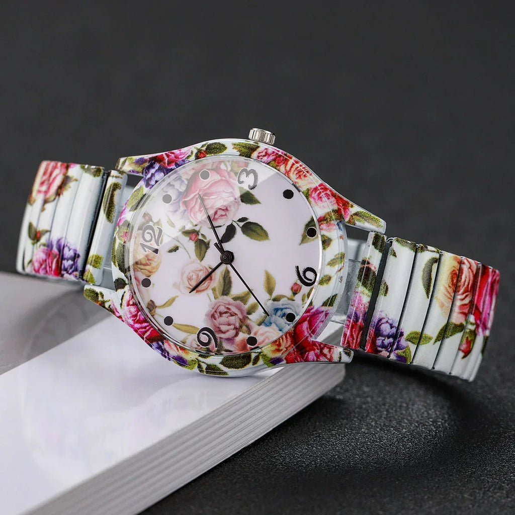 2/3PCS Fashion Flower Printed Women Quartz Wristwatches Set Ladies Casual Elastic Strap Arabic Dial Watch（Without Box）