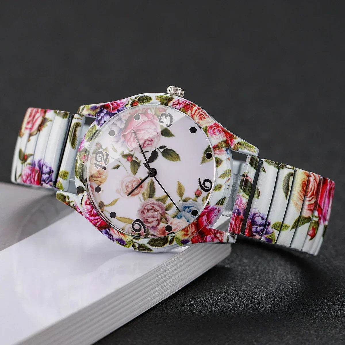 2/3PCS Fashion Flower Printed Women Quartz Wristwatches Set Ladies Casual Elastic Strap Arabic Dial Watch（Without Box）