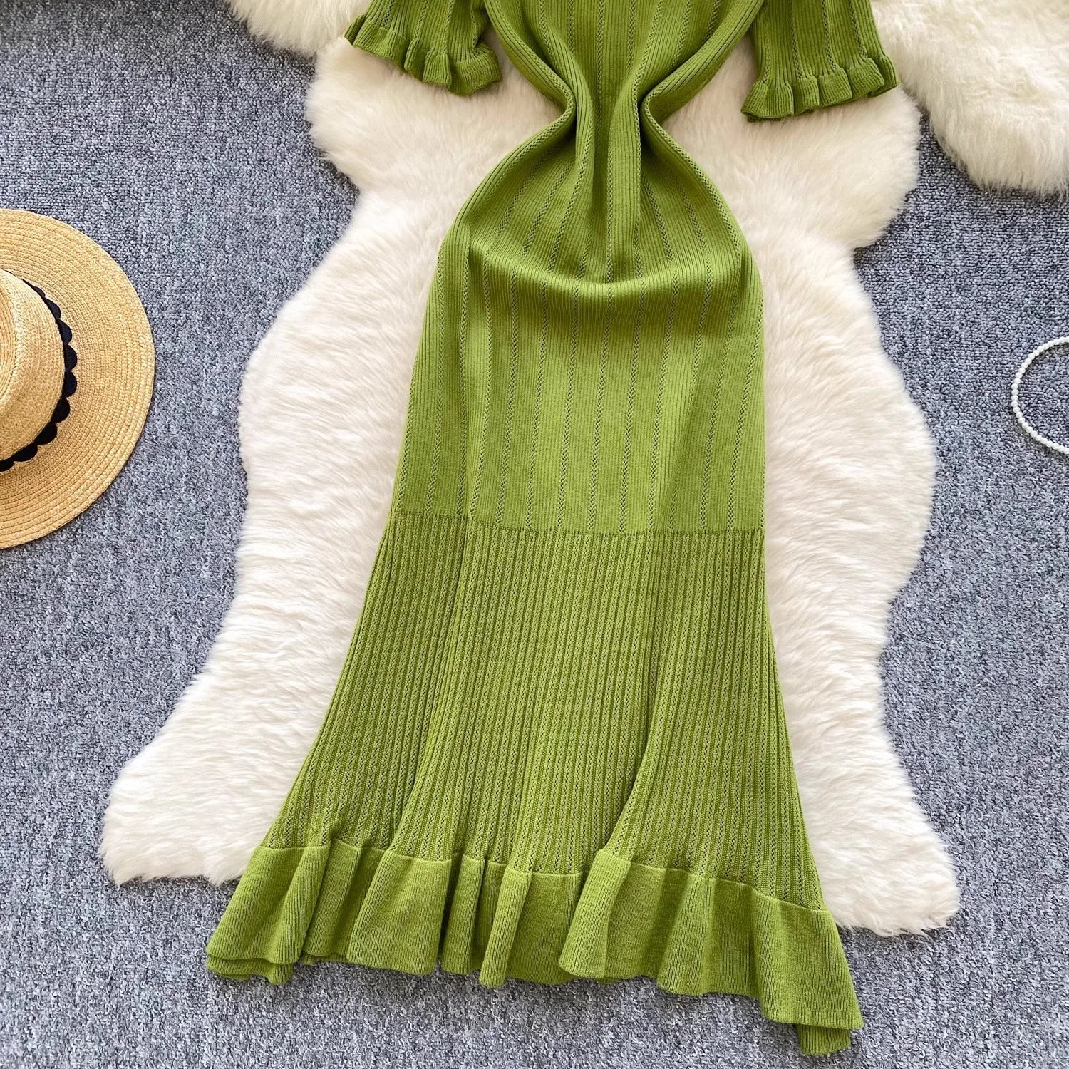 Brand Fashion Vintage Knitted Long Dress Spring Summer Women Elegant V-neck Ruffled Bodycon Sweater Dress Party Vestido