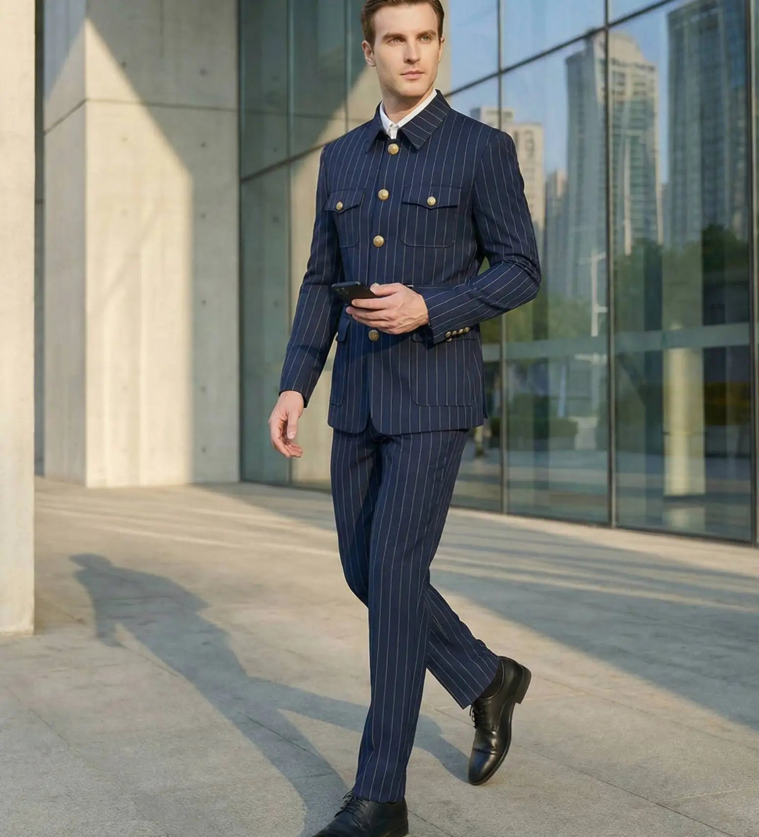 Elegant Dark Blue Striped Men's Suit Slim Fit Double-Breasted Jacket And Trouser Set Fashionable Collarless 2-Piece Suit
