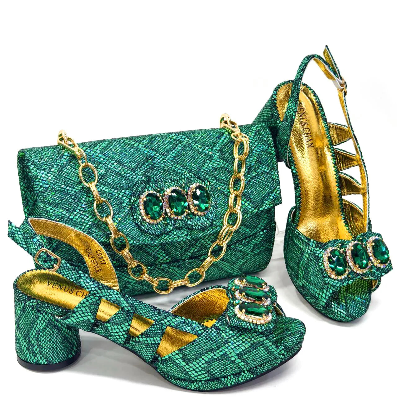 Shiny Peep Toe Women Chunky Heel Fashion Rhinestone Decoration Shoes And Bag Set