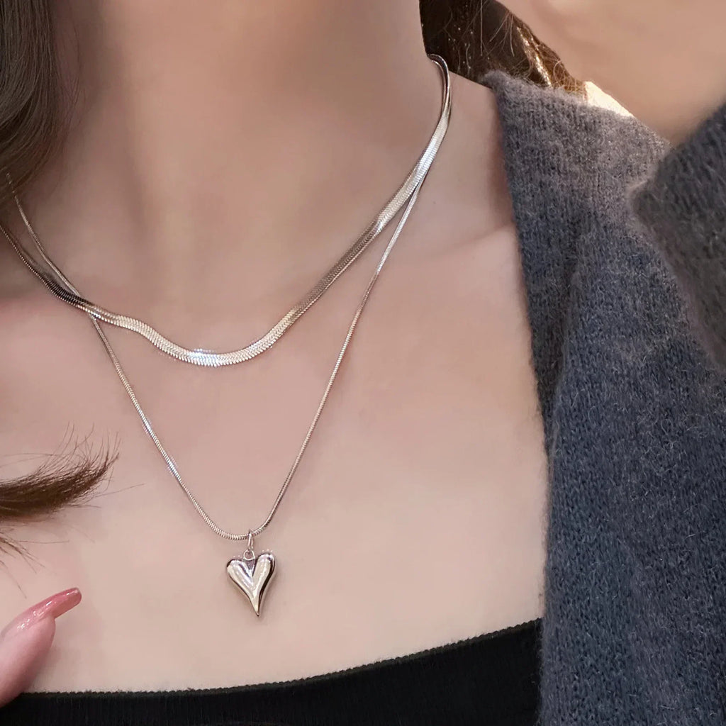 LATS Double Layered Love Heart Pendant Necklace for Women Silver Color Simple Neck Chain Choker Fashion Jewelry Birthday Gifts