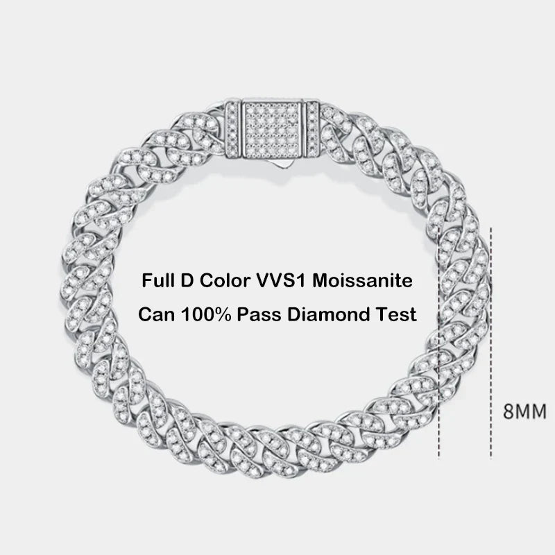 Sparkling Real Full Moissanite Cuban Chain Bracelet for Men Women 8mm S925 Sterling Silver Hip Hop Diamond Link Bracelets
