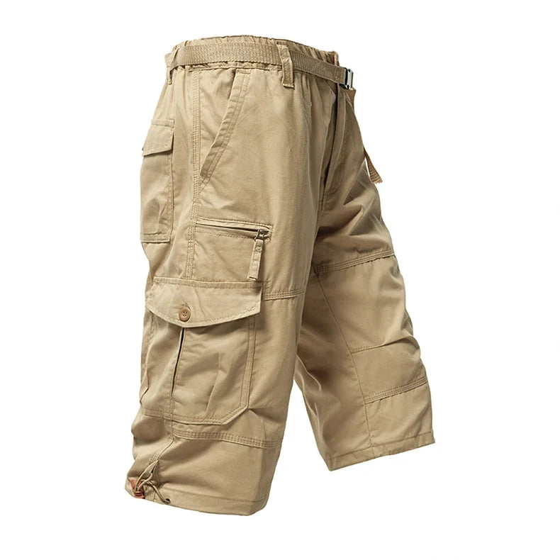 Men's Cargo Shorts 3/4 Casual Running Shorts Below Knee Elastic Waist Hiking Outdoor Jogging Fishing Shorts with a Belt