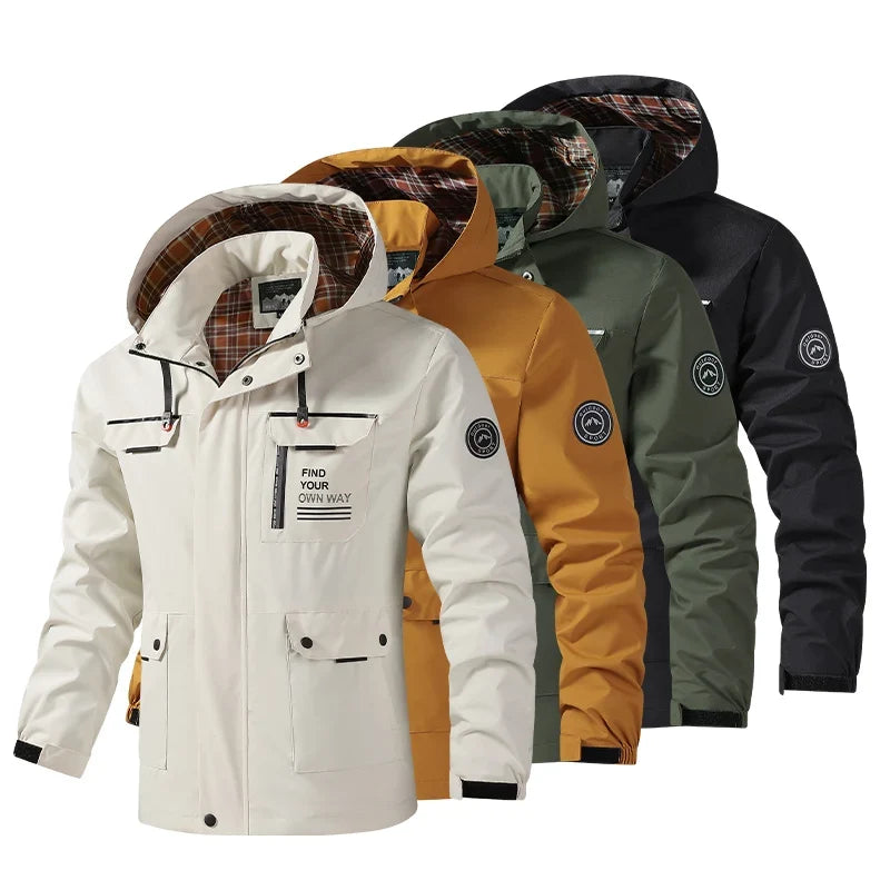 Hooded Waterproof Jacket Men Outdoor Softshell Zip Up Outwear Windbreaker Hiking Camping Coats Lightweight Spring Autumn Coats