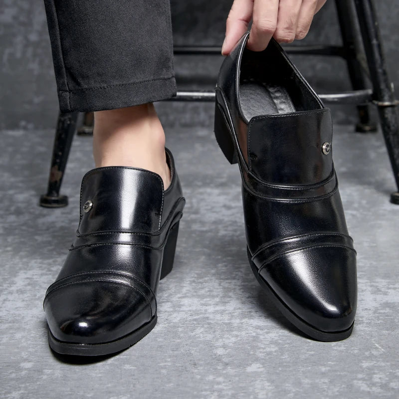 Men Business Formal Height Increasing Leather Shoes Classic Retro Elevated Loafers Lift Dress Shoes for Wedding Banquet Office