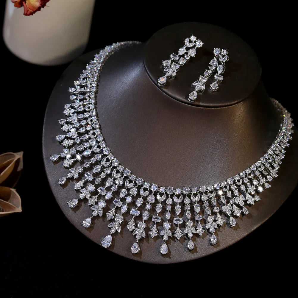 Magnificent White Color CZ Zircon Tassel Flowers Drop Necklace Earrings Sets for Women Bridal Evening Wedding Dinner Jewelry