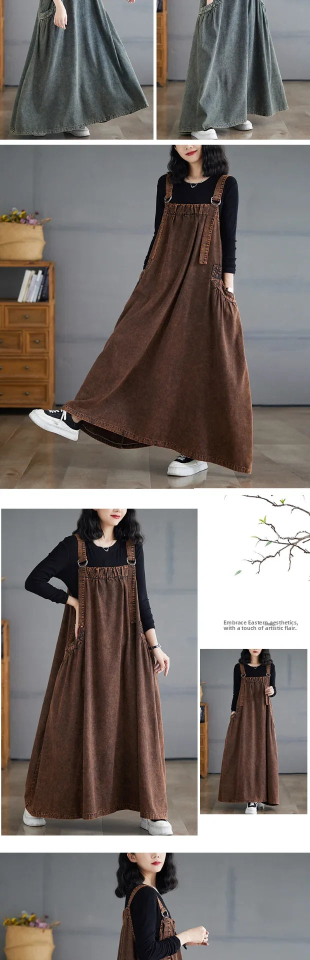 Retro Crtsmanip Loose Fit Slimming Denim Overalls Long Skirt Dr Spring Summer Autumn Winter A-Line Straight Cut Gown