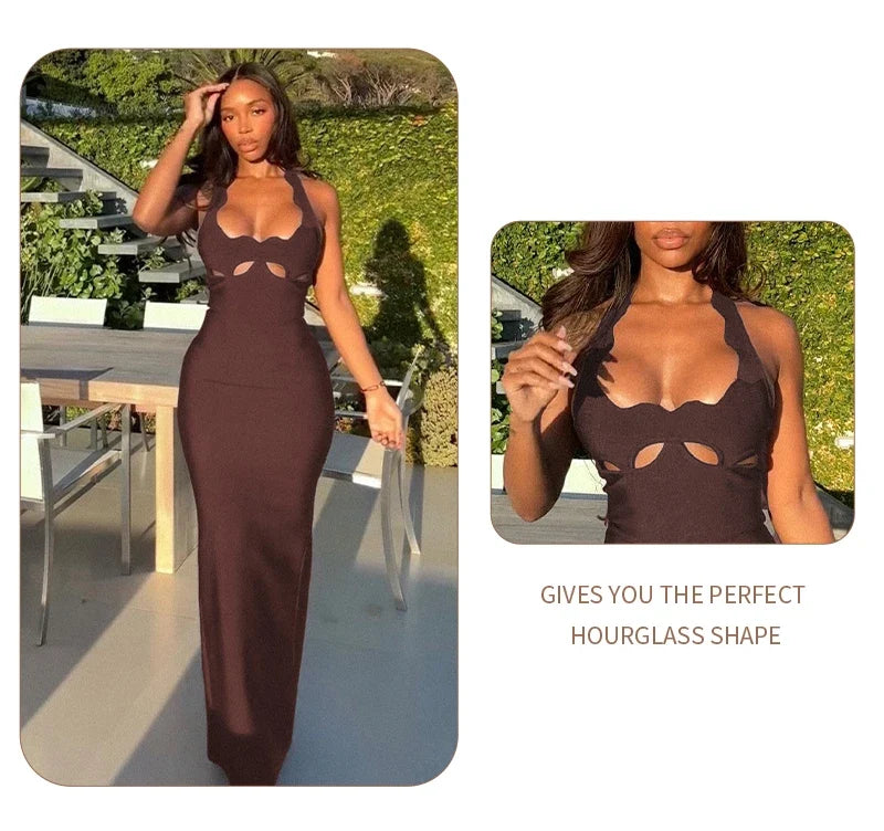 VC Black Halter Elegant Dress For Women 2025 New Summer Evening Party Celebrity Bodycon Long Dress Red Brown Prom Vestido