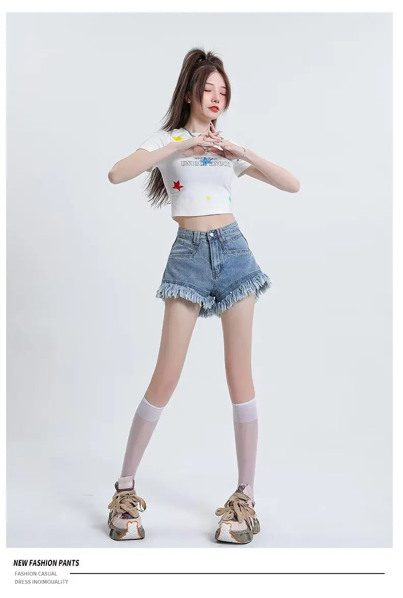 Women's Pear-shaped Friendly Denim Shorts 2026 Summer New High Waist Frayed Hem Casual Streetwear Wide Leg Hot Pants