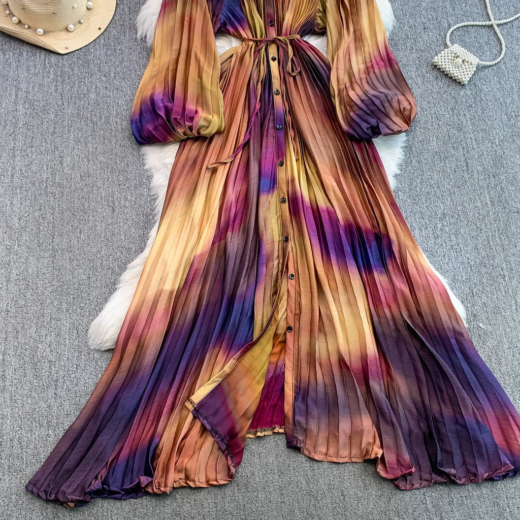 Printed round Ne Lantern Sve Dr Women's Single Button Waist Cinch Maxi Skirt Long Dr Commute Sle Autumn