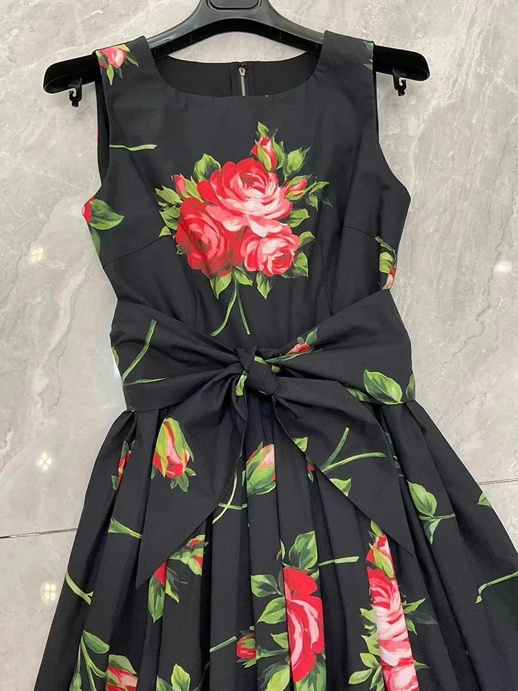 2026 Spring Women's New Fashion Round Neck Sleeveless Cotton Printed Tie a belt Waist cinching Dress