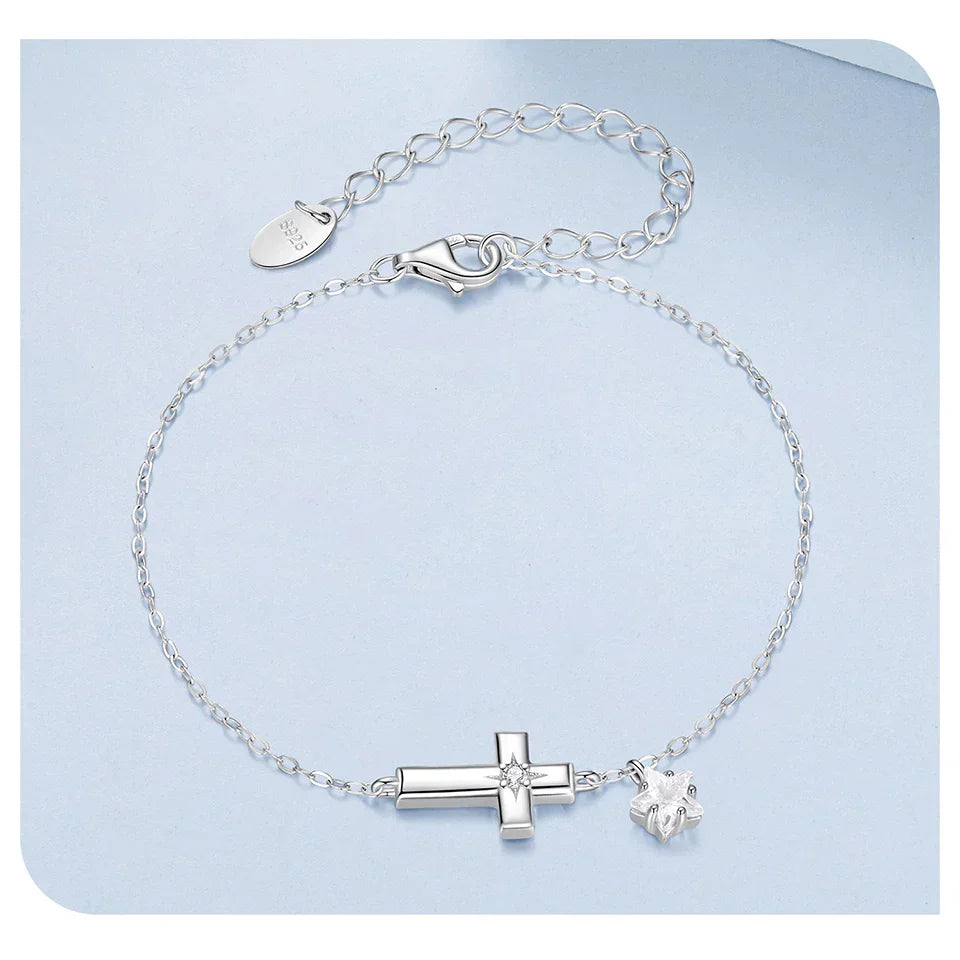 925 Sterling Silver Starlight Cross Bracelet Wrist Chain with Star Zircon Pendant Adjustable for Women Summer Daily Gift