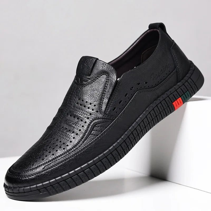 Summer New Breathable Hallow Leather Shoes for Men Solid Color Fashion Casual Driving Shoes Male Low Top Flat Shoes Man