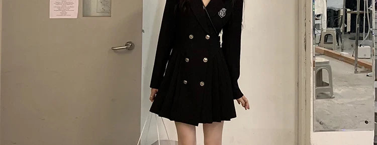 Sweet Style Suit Dress Korean Drama Main Character Waist Cinched Beautiful  Skirt College Style High Waist Double Breaste...