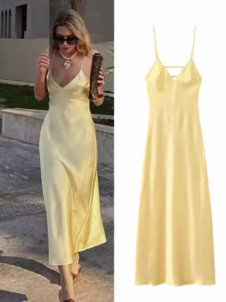 Yellow Satin Sling Dress Women Elegant V Neck Sleeveless Backless High Waist Maxi Dresses 2025 Summer Lady Party Evening Robes