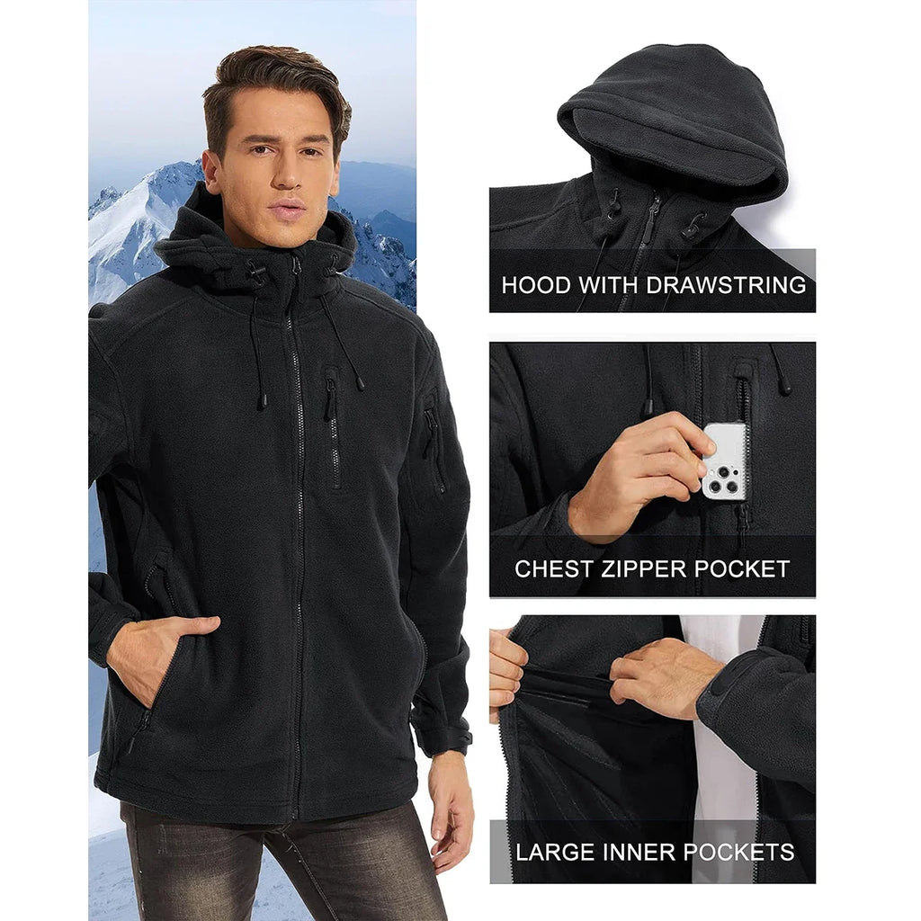 Fall Winter Men's Hooded Fleece Jacket Full Zip Up Soft Warmth Windproof Coat Outdoors Working Hiking Fishing Outerwear