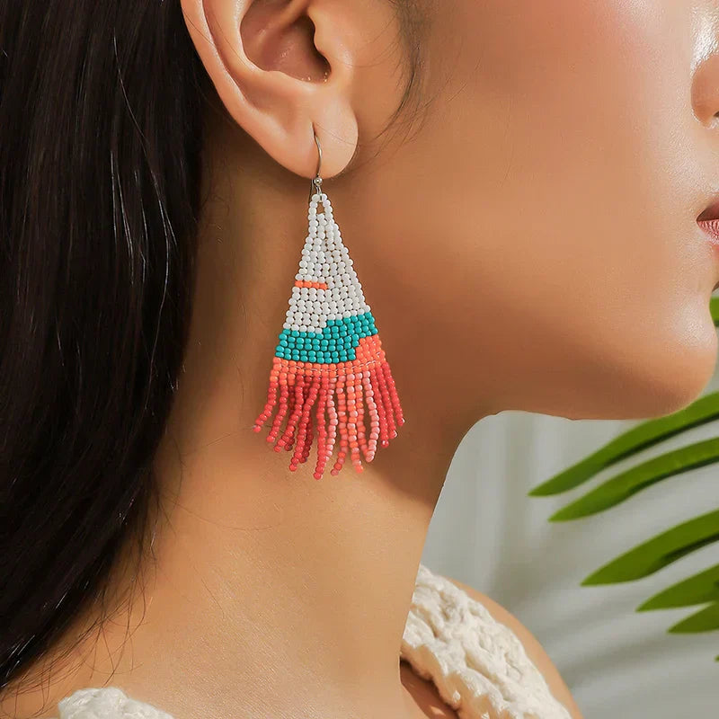 White Rice Beads Earrings For Women Retro Boho Tassels Water Drop Earrings Exaggerated Ethnic Style Earrings Jewelry