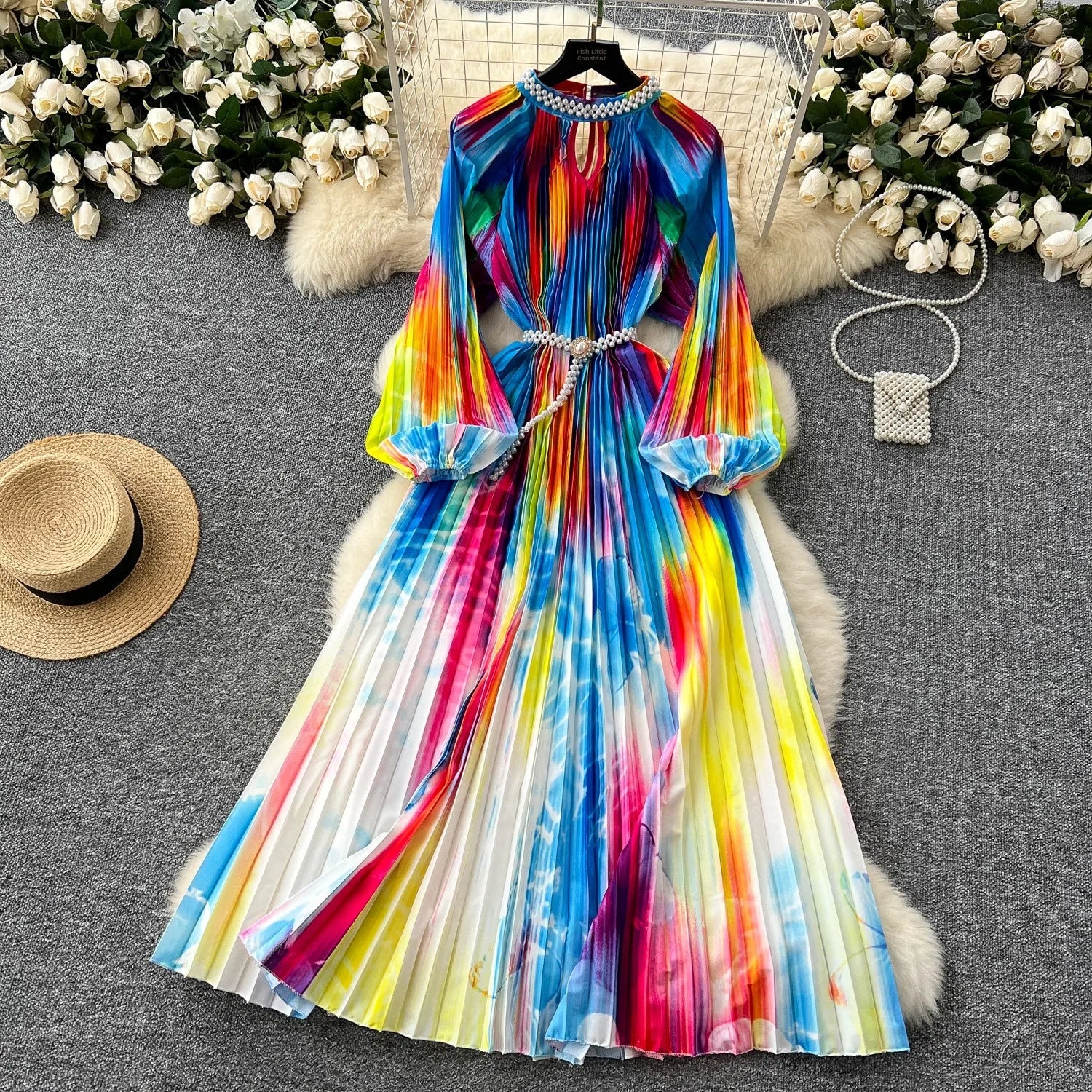 High-End Women's Dr Faionable Beaded round Ne Hollow out Pleated Lantern Sve Waist Cinched Floral Print Lon...