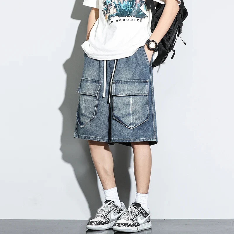 Bermuda Men's Denim Shorts Summer New Fashion Loose Jeans Casual Vintage Drawstring Cargo Short Pants Male Streetwear