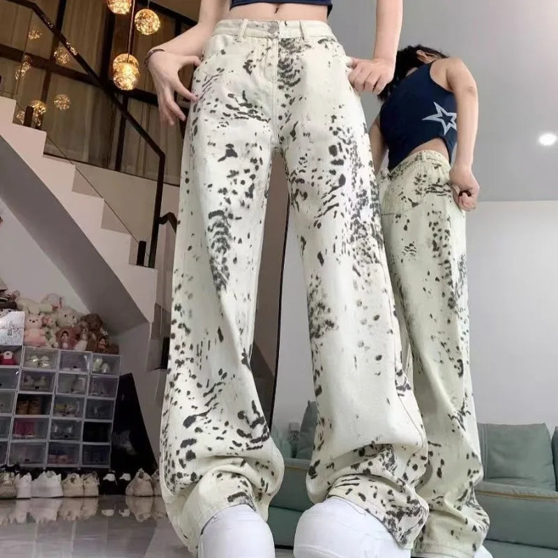 بنطلون جينز نسائي كاجوال بخصر عالٍ وأرجل واسعة بتصميم عتيق