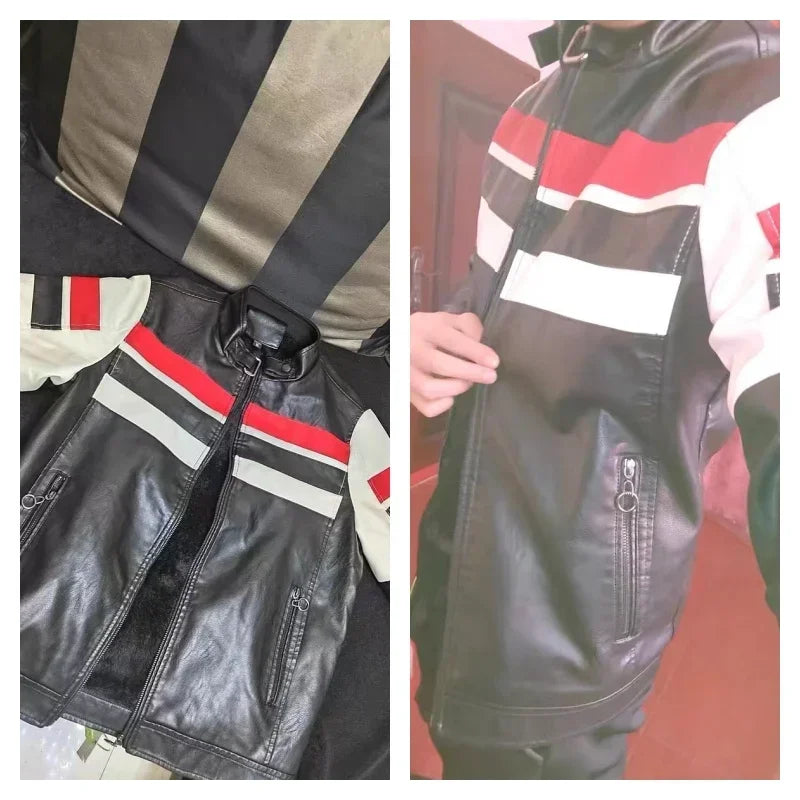 Patchwork Motorcycle Jacket Men ,Leather Jacket, Color-blocking Stand-up Collar Coats, PU Motorcycle Jacket, Motorbike Jacket