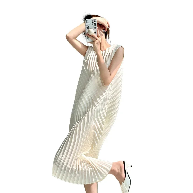 Hand Circle Pleated Sleeveless Dress Designer Long Round Neck Elegant Loose Summer Korean Style Aesthetic Clothes
