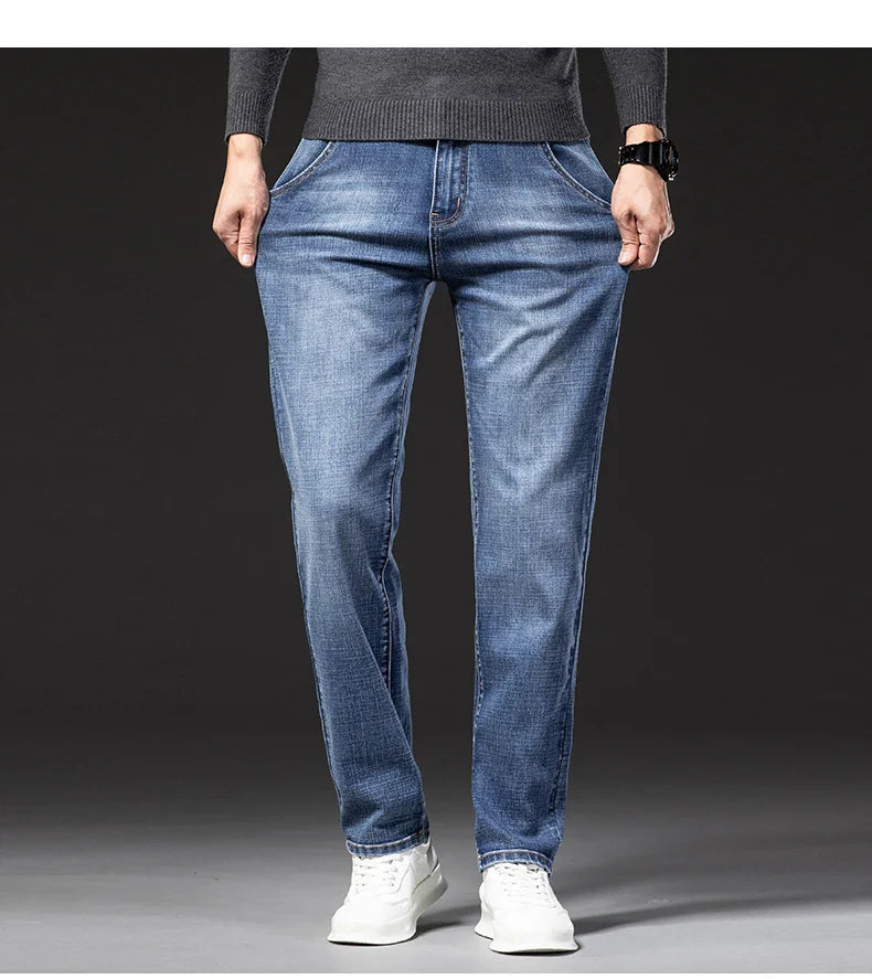 New Autumn and Winter  Plus Size 40 42 44 Men Straight Loose Jeans Business Fashion Denim Stretch Pants Male Brand Trousers