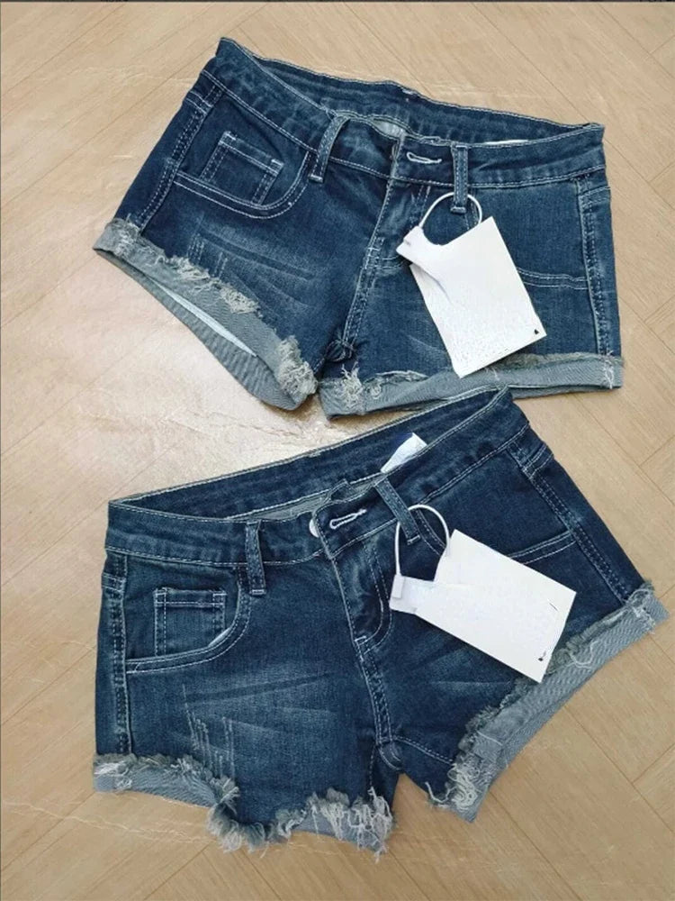 Women's Tassel Denim Shorts Streetwear Low Waist Mini Jeans Shorts 2000s Vintage Y2k Cowboy Short Pants Harajuku Clothes