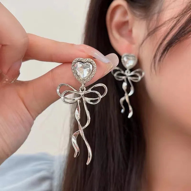 Jewelry Sweet Heart Rhinestone Butterfly Shape Dangle Earrings for Women Silver Color Korean Fashion Y2K Piercing Earring