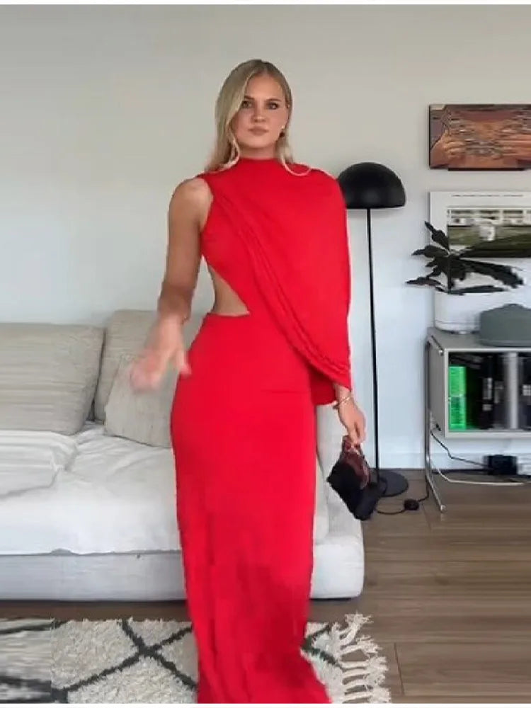 Red Asymmetrical Draped Backless Maxi Dress One Shoulder High Neck Cutout Bodycon Evening Gown For Women Formal Party