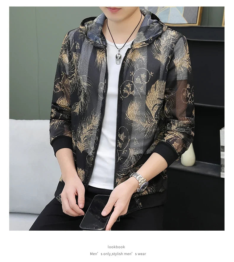 Men's Summer Mesh Sun Protection Clothing Trendy Stripe Print Ice Silk Cool Feeling Breathable Quick Dry Hooded Jacket