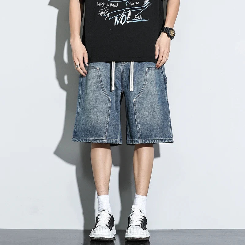Fashion Streetwear Men's Denim Shorts Summer Loose Vintage Harajuku Splicing Hip-hop Cargo Moto Short Jeans Black Blue